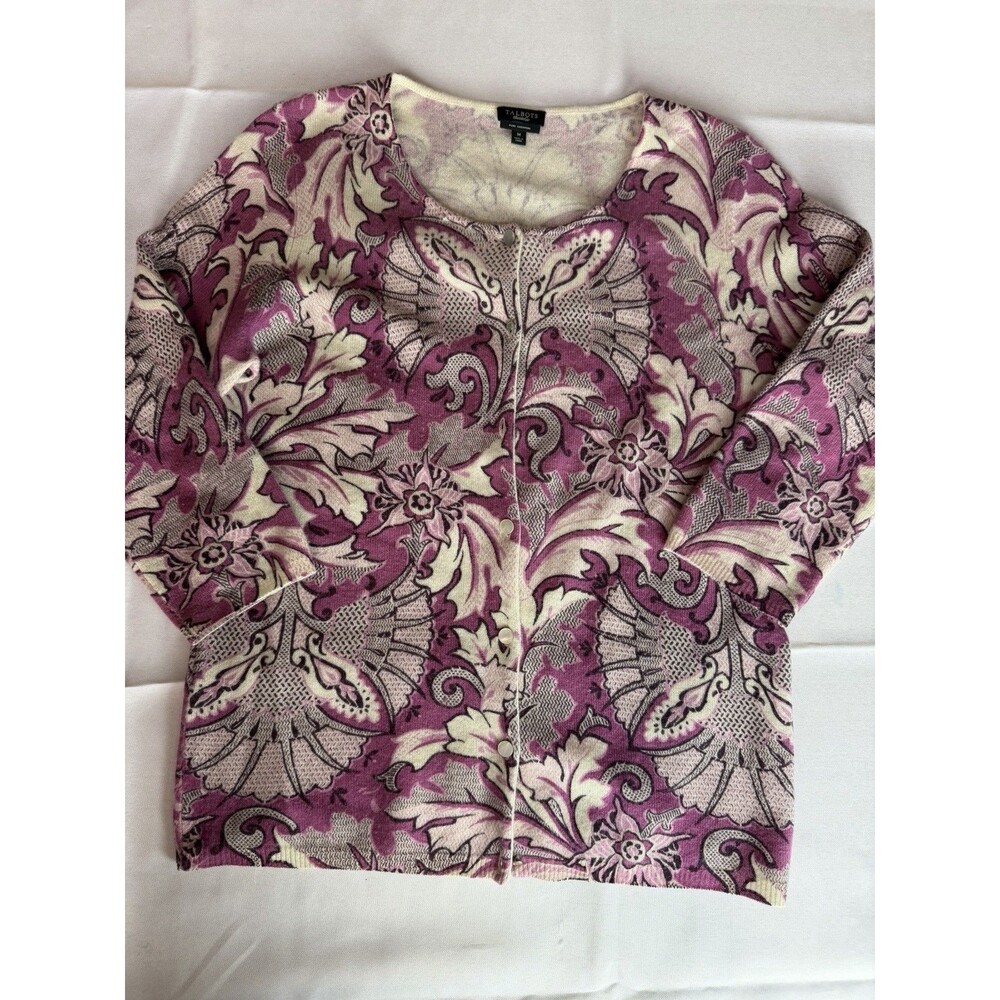 Talbots Women's Pure Cashmere Cardigan Sweater Long Sleeve Pink Floral M FLAWED